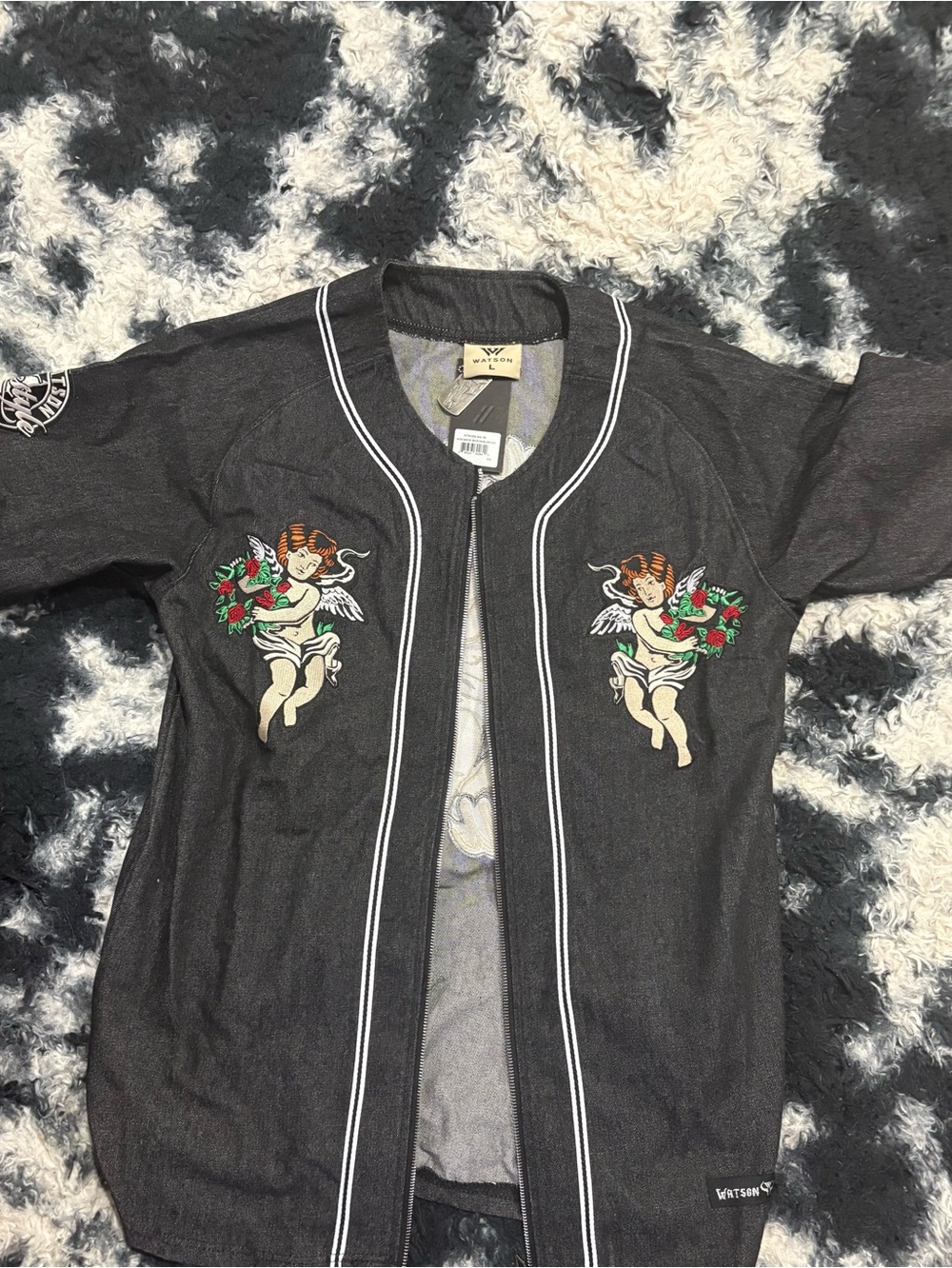 Men’s  Black Short-Sleeve Button Front Shirt with Cherub Embroidery
